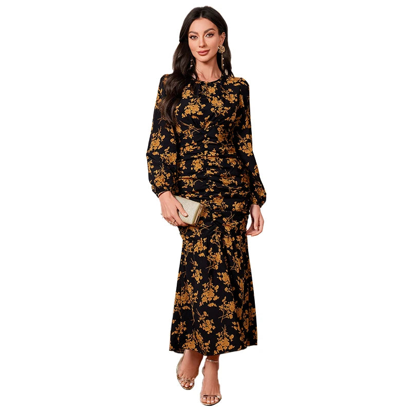 Women Dress Fashion Black Elegant Ladies Floral Dress New Autumn Long Sleeve O-Neck Fold Long Dresses For Women New Arrival 2024